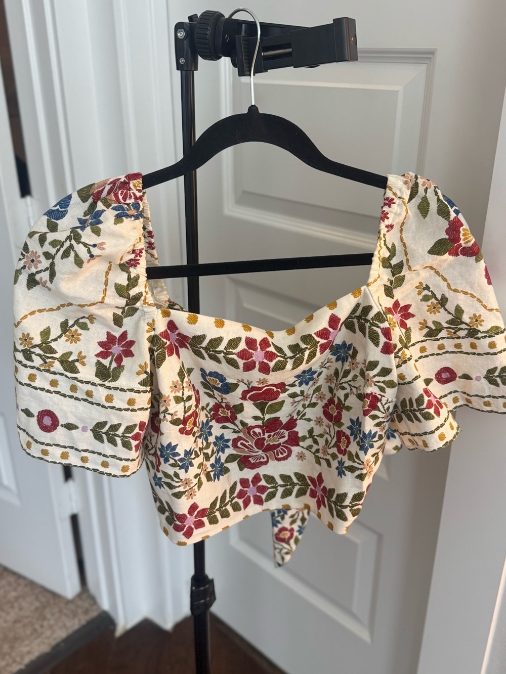 Sezane X Farm Rio | Lucrecia crop top, floral summer bow back blouse US 2